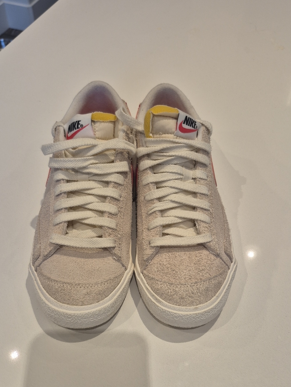Nike blazer Low  Beige Suede Low-Top Sneakers with Pink Swoosh and Yellow Tongue
